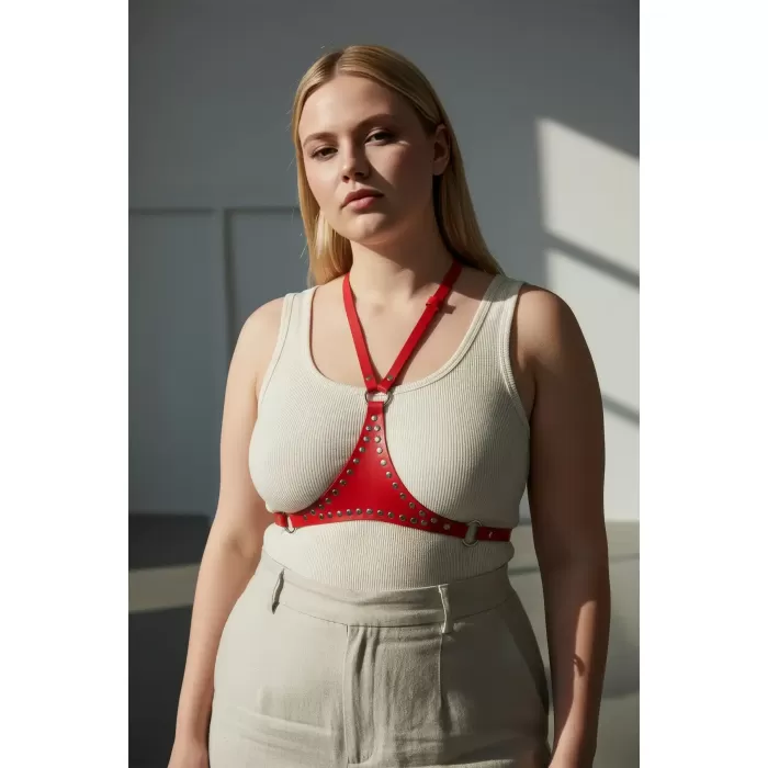 Büyük Beden Kırmızı Kadın Kemer Deri Zımba Detaylı Vücut Aksesuarı - APFT850