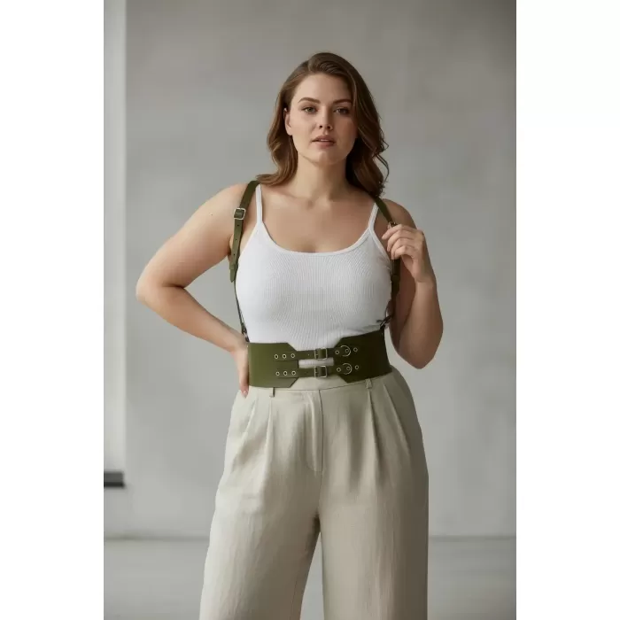 Büyük Beden Haki Kadın Deri Kemer Omuz Askılı Kuşgözü Detaylı Korse Model - APFT853