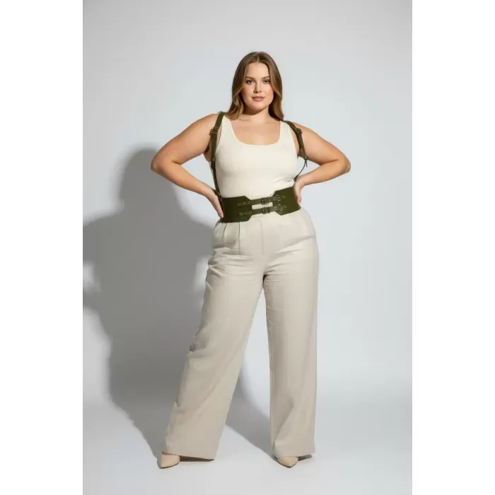 Büyük Beden Haki Kadın Deri Kemer Omuz Askılı Kuşgözü Detaylı Korse Model - APFT853