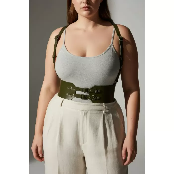 Büyük Beden Haki Kadın Deri Kemer Omuz Askılı Kuşgözü Detaylı Korse Model - APFT853