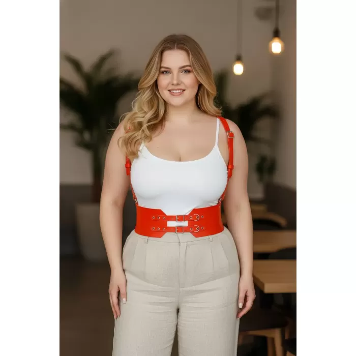 Büyük Beden Turuncu Kadın Kemer Askılı Korse Görünümlü Çift Tokalı Deri - APFT853