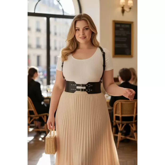 Büyük Beden Siyah Kadın Deri Kemer Geniş Korse Görünümlü Omuz Askılı - APFT853