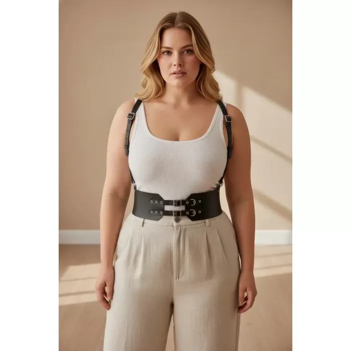 Büyük Beden Siyah Kadın Deri Kemer Geniş Korse Görünümlü Omuz Askılı - APFT853