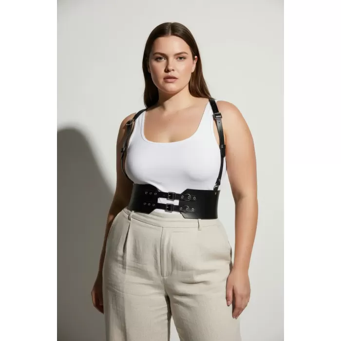 Büyük Beden Siyah Kadın Deri Kemer Geniş Korse Görünümlü Omuz Askılı - APFT853