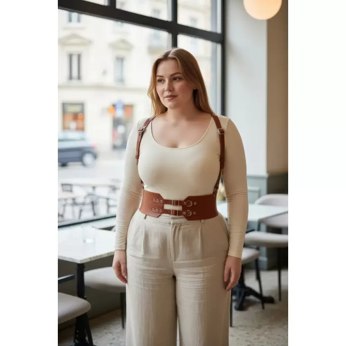Büyük Beden Taba Kadın Deri Kemer Askılı Korse Tarzı Çift Tokalı - APFT853