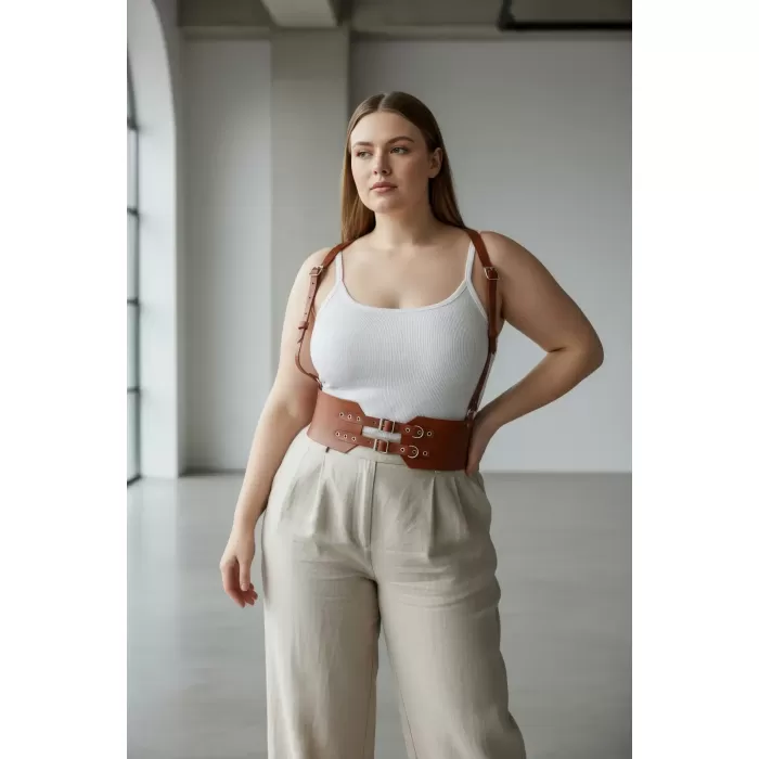 Büyük Beden Taba Kadın Deri Kemer Askılı Korse Tarzı Çift Tokalı - APFT853