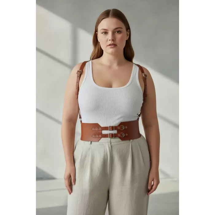 Büyük Beden Taba Kadın Deri Kemer Askılı Korse Tarzı Çift Tokalı - APFT853