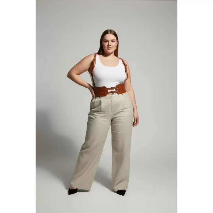 Büyük Beden Taba Kadın Deri Kemer Askılı Korse Tarzı Çift Tokalı - APFT853