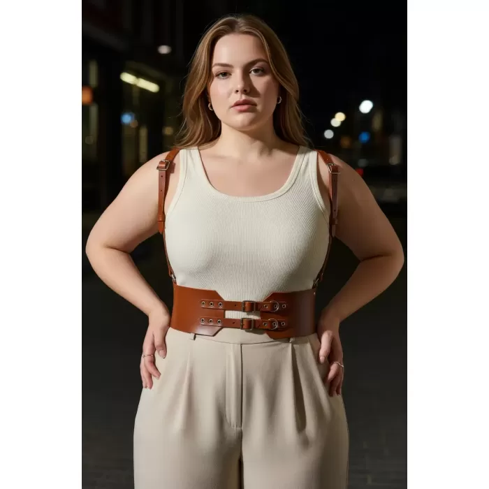 Büyük Beden Taba Kadın Deri Kemer Askılı Korse Tarzı Çift Tokalı - APFT853