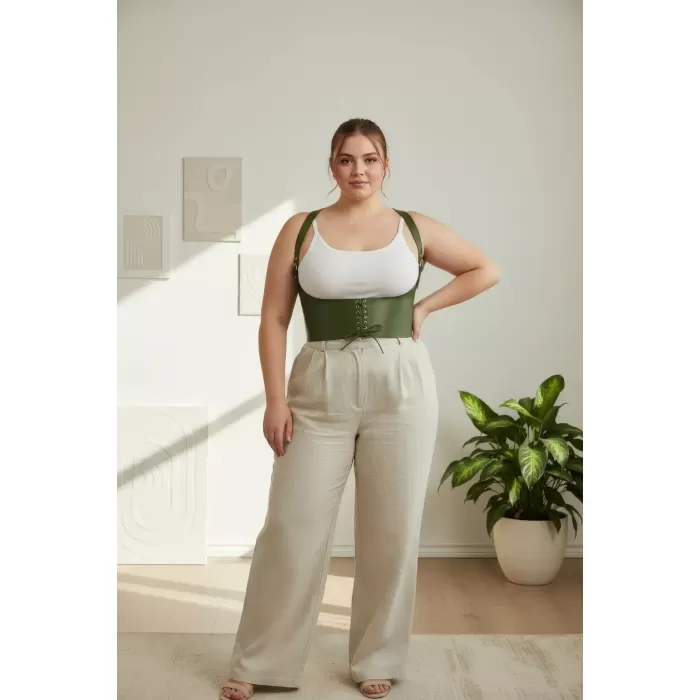 Büyük Beden Haki Kadın Korse Kemer Bağcıklı Detaylı Estetik Tasarım - APFT855