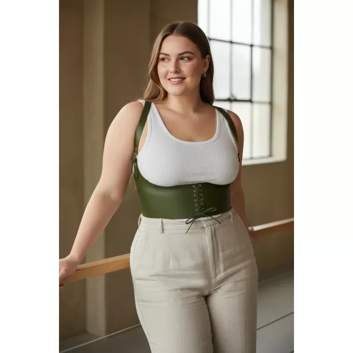 Büyük Beden Haki Kadın Korse Kemer Bağcıklı Detaylı Estetik Tasarım - APFT855