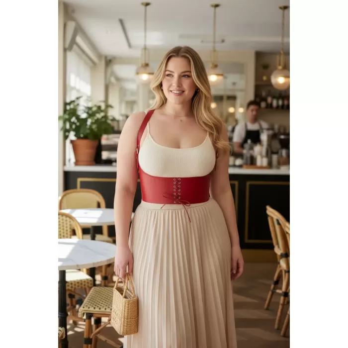 Büyük Beden Kırmızı Kadın Kemer Bağcıklı Korse Stili Omuz Askılı - APFT855