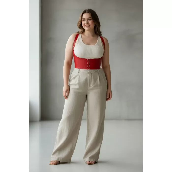 Büyük Beden Kırmızı Kadın Kemer Bağcıklı Korse Stili Omuz Askılı - APFT855