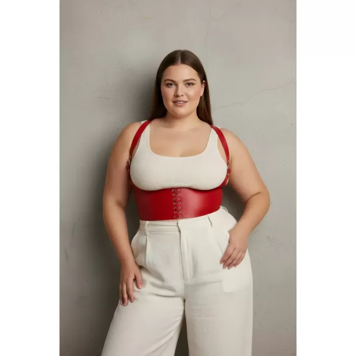 Büyük Beden Kırmızı Kadın Kemer Bağcıklı Korse Stili Omuz Askılı - APFT855