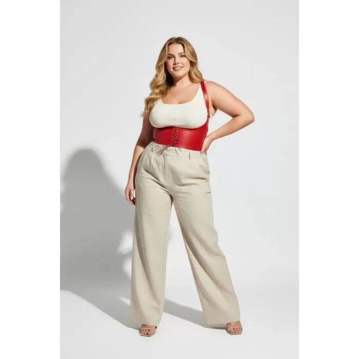 Büyük Beden Kırmızı Kadın Kemer Bağcıklı Korse Stili Omuz Askılı - APFT855