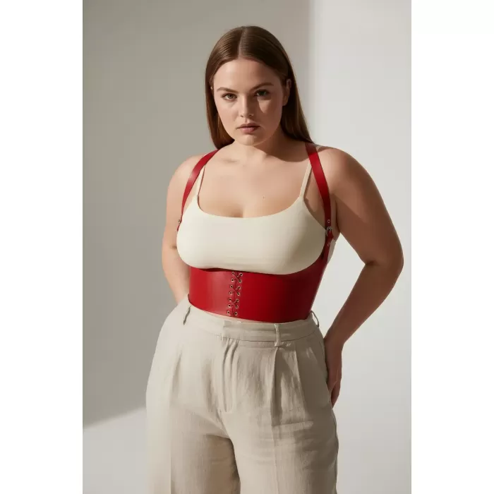 Büyük Beden Kırmızı Kadın Kemer Bağcıklı Korse Stili Omuz Askılı - APFT855