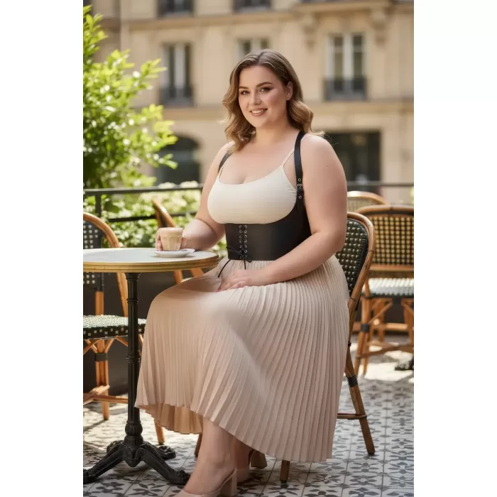 Büyük Beden Siyah Kadın Kemer Omuz Askılı Bağcıklı Korse Detaylı - APFT855