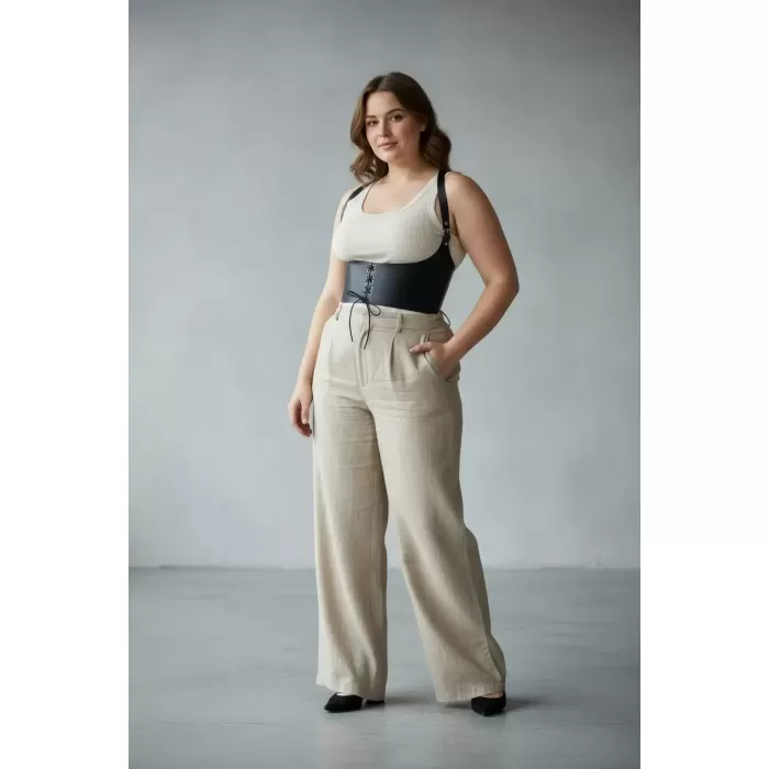 Büyük Beden Siyah Kadın Kemer Omuz Askılı Bağcıklı Korse Detaylı - APFT855