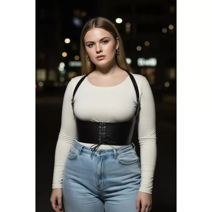 Büyük Beden Siyah Kadın Kemer Omuz Askılı Bağcıklı Korse Detaylı - APFT855