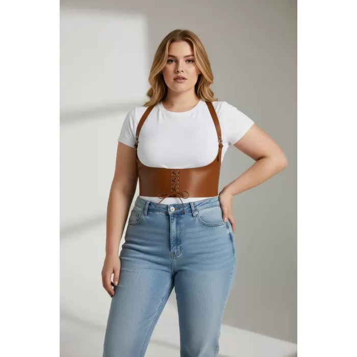 Büyük Beden Taba Kadın Deri Kemer Omuz Askılı Bağcıklı Korse Tasarım - APFT855