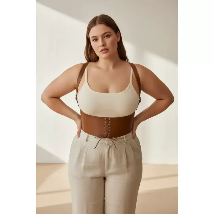 Büyük Beden Taba Kadın Deri Kemer Omuz Askılı Bağcıklı Korse Tasarım - APFT855
