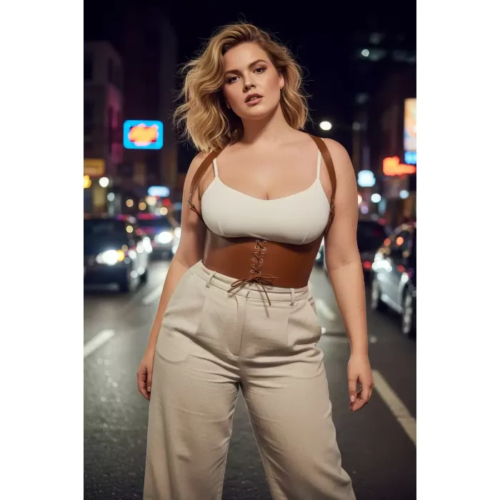 Büyük Beden Taba Kadın Deri Kemer Omuz Askılı Bağcıklı Korse Tasarım - APFT855