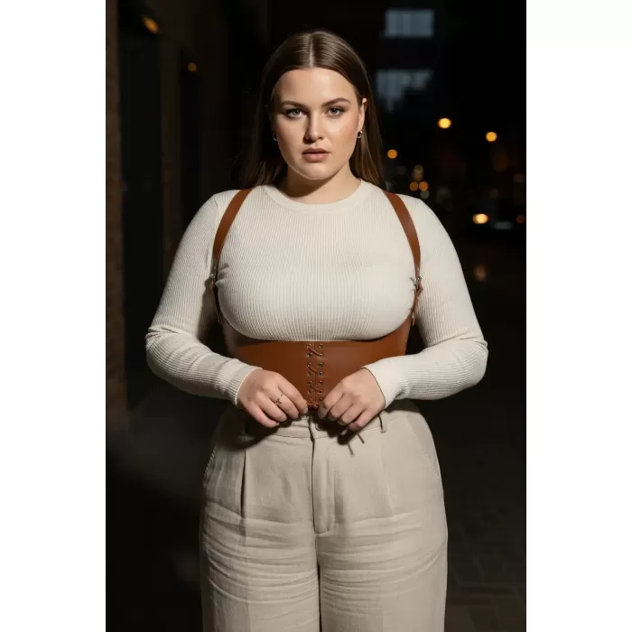 Büyük Beden Taba Kadın Deri Kemer Omuz Askılı Bağcıklı Korse Tasarım - APFT855