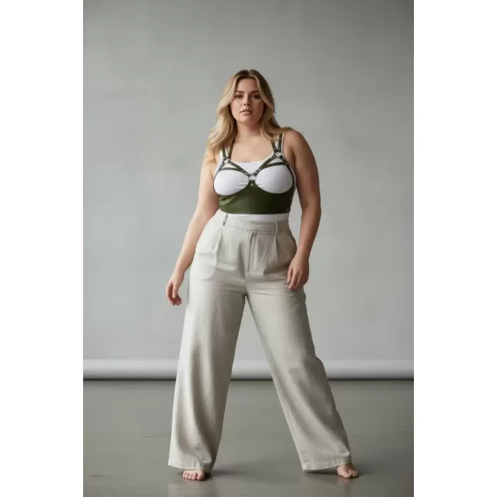 Büyük Beden Haki Kadın Kemer Perçin Detaylı Deri Harness Vücut Kuşağı - APFT872