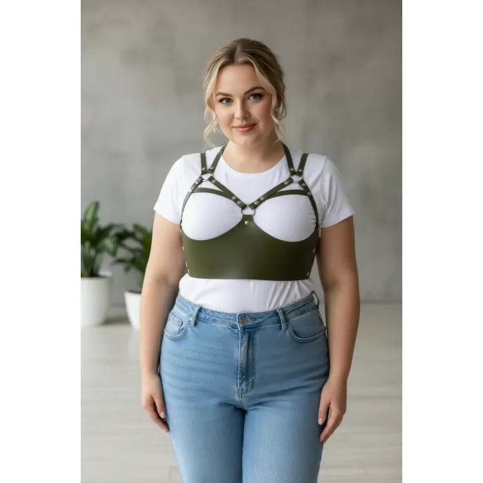 Büyük Beden Haki Kadın Kemer Perçin Detaylı Deri Harness Vücut Kuşağı - APFT872