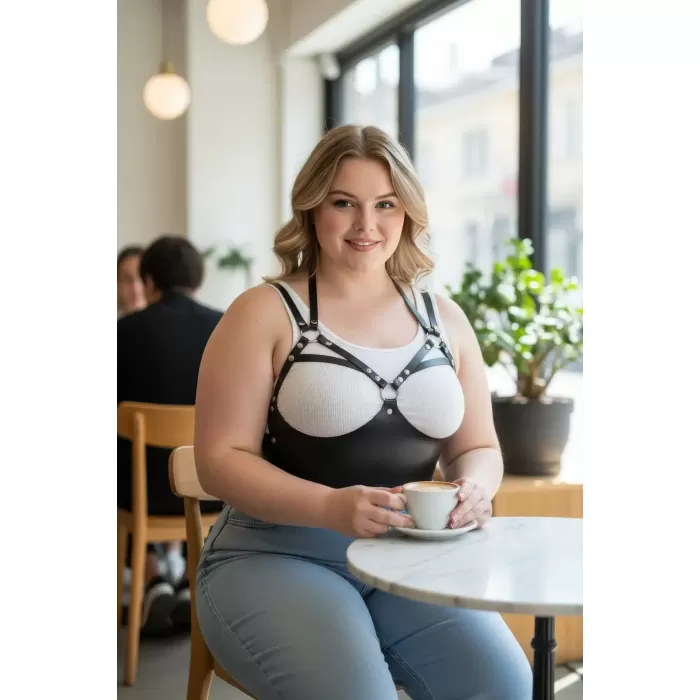 Büyük Beden Siyah Kadın Kemer Halka Detaylı Deri Sütyen Harness Vücut Aksesuarı - APFT872