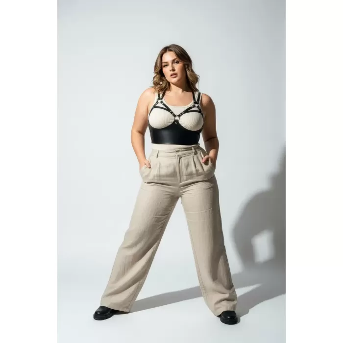 Büyük Beden Siyah Kadın Kemer Halka Detaylı Deri Sütyen Harness Vücut Aksesuarı - APFT872