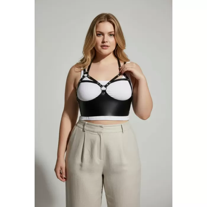 Büyük Beden Siyah Kadın Kemer Halka Detaylı Deri Sütyen Harness Vücut Aksesuarı - APFT872