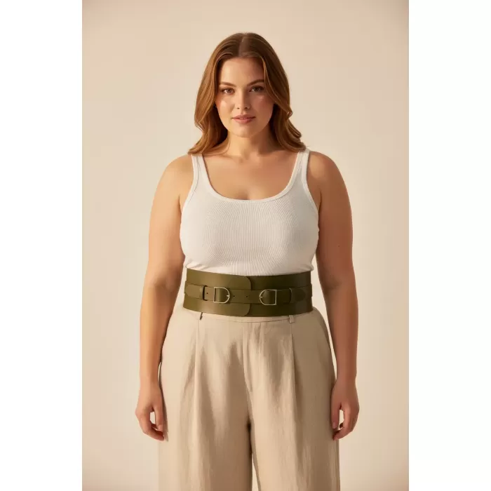 Büyük Beden Haki Kadın Kemer Geniş Bel Korsajı Çift Toka Detaylı - APFT875
