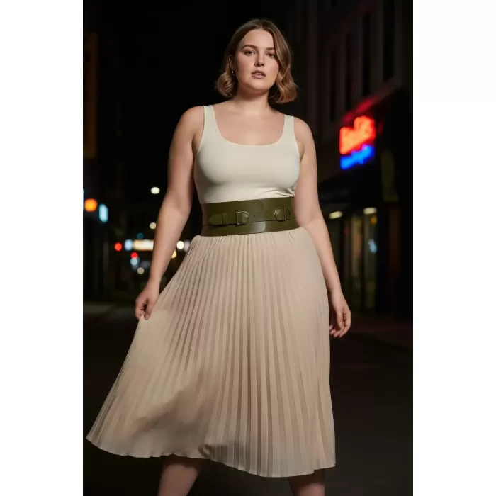 Büyük Beden Haki Kadın Kemer Geniş Bel Korsajı Çift Toka Detaylı - APFT875