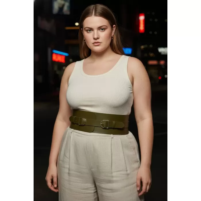 Büyük Beden Haki Kadın Kemer Geniş Bel Korsajı Çift Toka Detaylı - APFT875