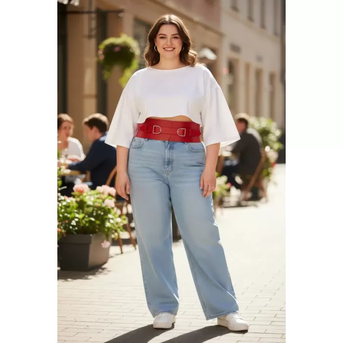 Büyük Beden Kırmızı Kadın Kemer Geniş Korse Görünümlü Çift Tokalı - APFT875