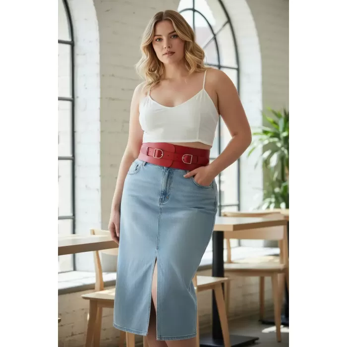 Büyük Beden Kırmızı Kadın Kemer Geniş Korse Görünümlü Çift Tokalı - APFT875