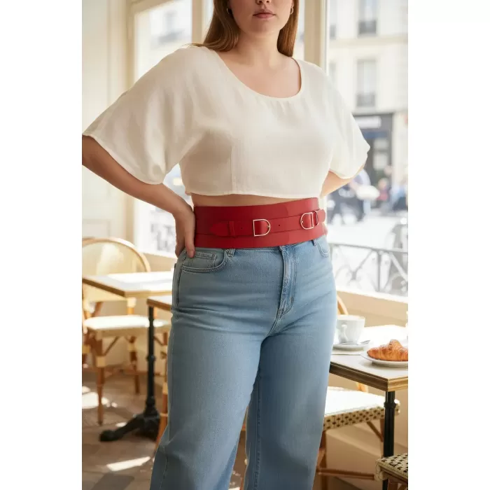 Büyük Beden Kırmızı Kadın Kemer Geniş Korse Görünümlü Çift Tokalı - APFT875