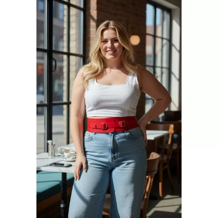 Büyük Beden Kırmızı Kadın Kemer Geniş Korse Görünümlü Çift Tokalı - APFT875