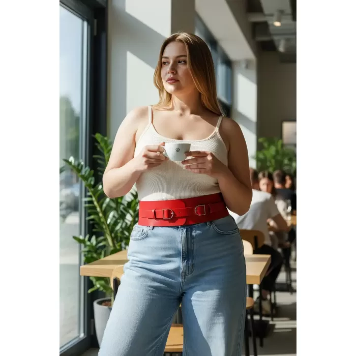 Büyük Beden Kırmızı Kadın Kemer Geniş Korse Görünümlü Çift Tokalı - APFT875