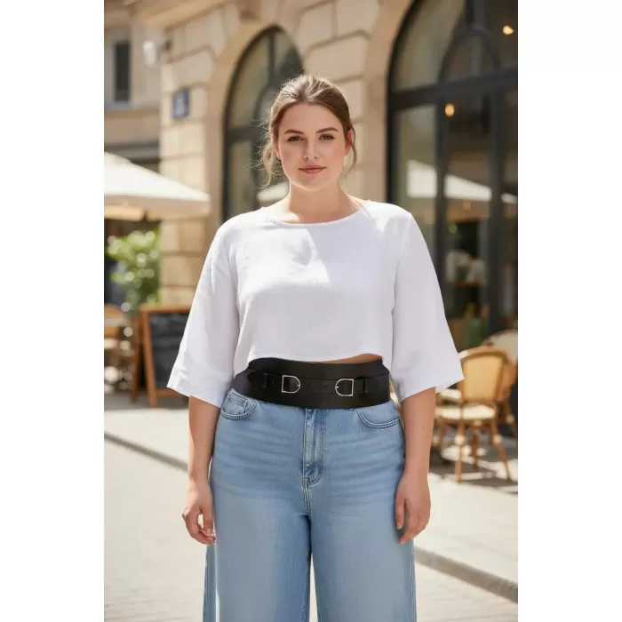 Büyük Beden Siyah Kadın Kemer Geniş Korse Model Çift Tokalı - APFT875