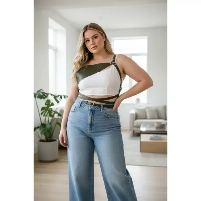 Büyük Beden Siyah Kadın Kemer Korse Tarzı Deri Harness - APFT903