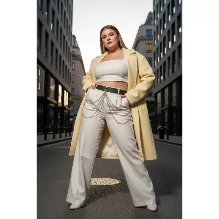 Büyük Beden Haki Kadın Deri Kemer Zincir Detaylı Kombin Tamamlayıcı - APFT904