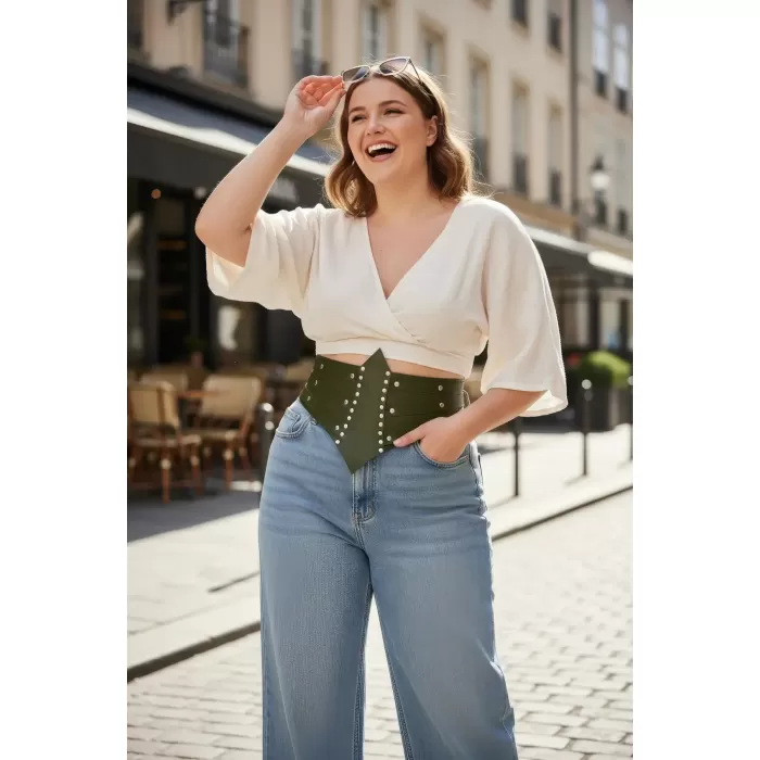 Büyük Beden Haki Kadın Korse Kemer, Zımba Detaylı Kalın Bel Aksesuarı - APFT905