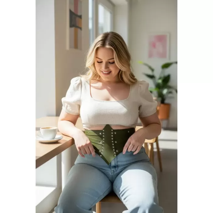 Büyük Beden Haki Kadın Korse Kemer, Zımba Detaylı Kalın Bel Aksesuarı - APFT905