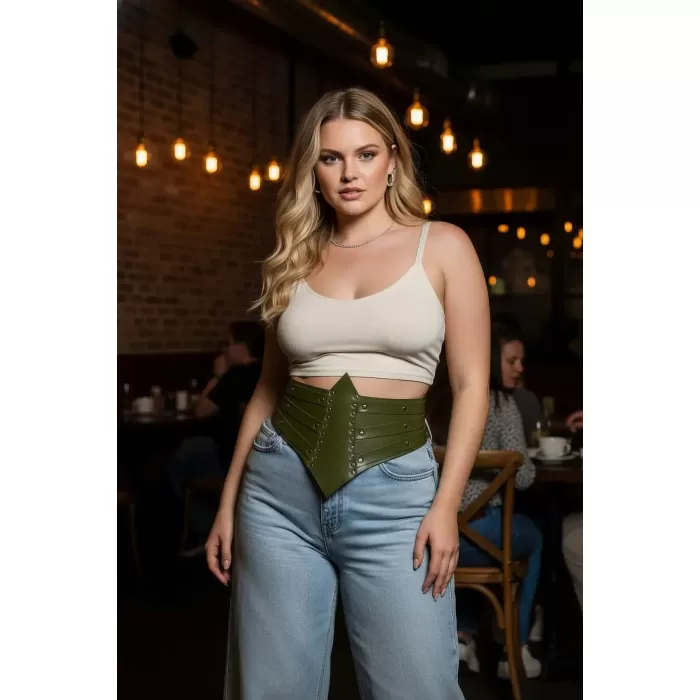 Büyük Beden Haki Kadın Korse Kemer, Zımba Detaylı Kalın Bel Aksesuarı - APFT905