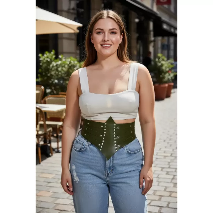 Büyük Beden Haki Kadın Korse Kemer, Zımba Detaylı Kalın Bel Aksesuarı - APFT905