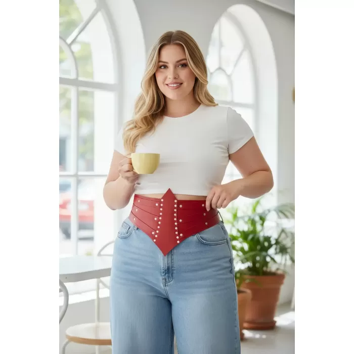 Büyük Beden Kırmızı Kadın Kemer Korse Formlu Zımba Detaylı - APFT905