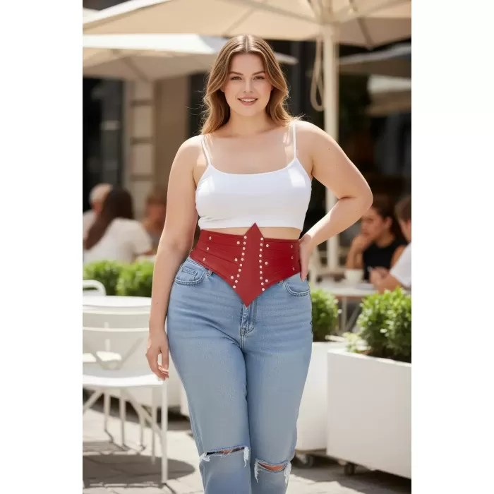 Büyük Beden Kırmızı Kadın Kemer Korse Formlu Zımba Detaylı - APFT905