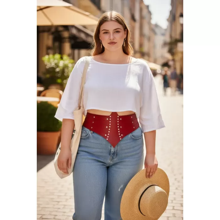 Büyük Beden Kırmızı Kadın Kemer Korse Formlu Zımba Detaylı - APFT905